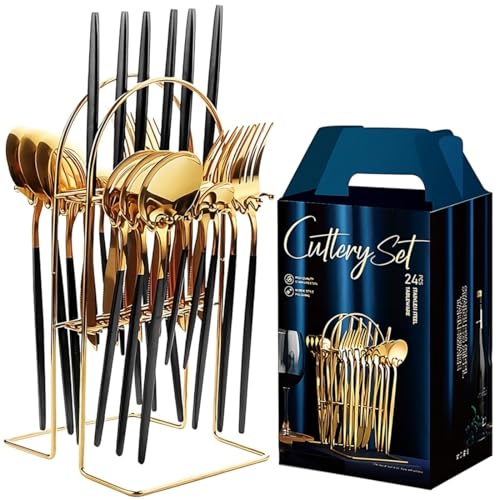 Image of BonZeaL Stainless Steel 24 Pieces Black Gold Cutlery Set with Stand for 6 Person Mirror Finish Flatware Set for Dining Table Hotel Cafe Bar Restaurant Premium House Warming Gifts for New Home Kitchen