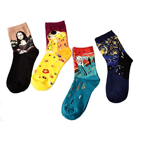 Image of HSELL 4 Packs Women Casual Funny Famous Painting Artwork Print Crew Socks Cotton, Blue,One Size