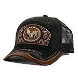Rooster Straw Cap Mexico Western Style Embroidery Trucker Mesh Snapback Curved Bill Baseball Cap (Black)