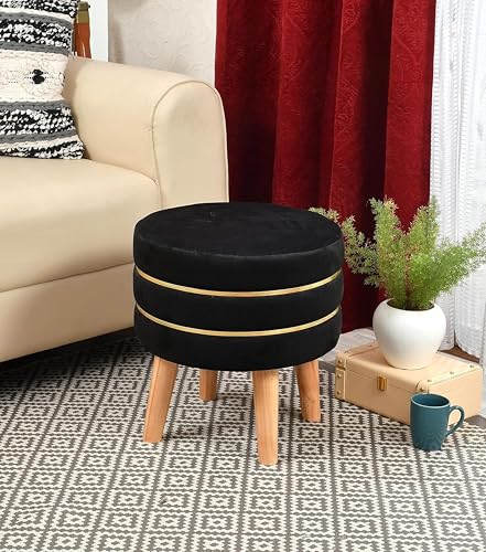 Image of Living Room Round Wooden Velvet Ottoman with Footrest and Linen Fabric Padded Seat Pouffe Ottoman with Round Shape and Office Stool- Black