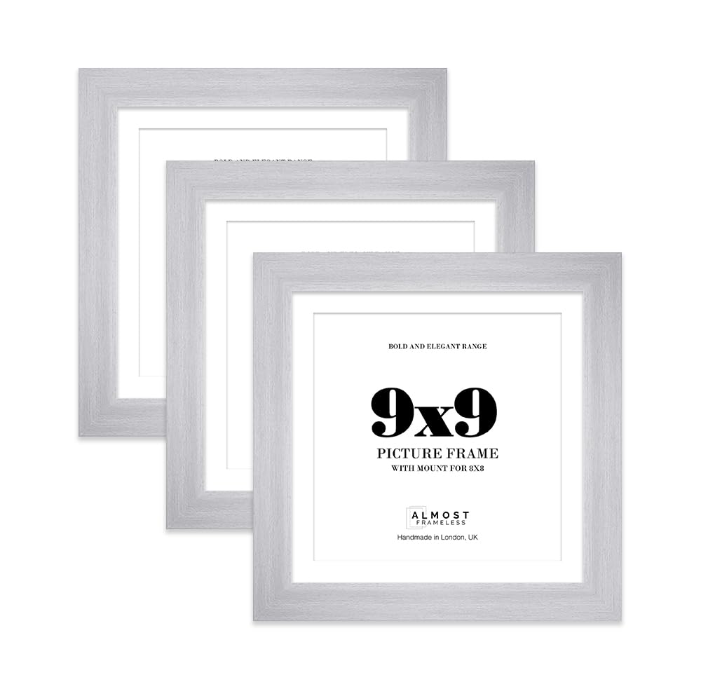 9x9" Silver Square Frame With Mount for 8x8" Pictures 28mm Edge Frame Display with Wall Hooks and Kickstand, 3 Pack