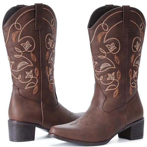 IXU Cowboy Boots For Women Wide Calf Pointy Toe Cowgirl Boots Mid Calf Western Boots2