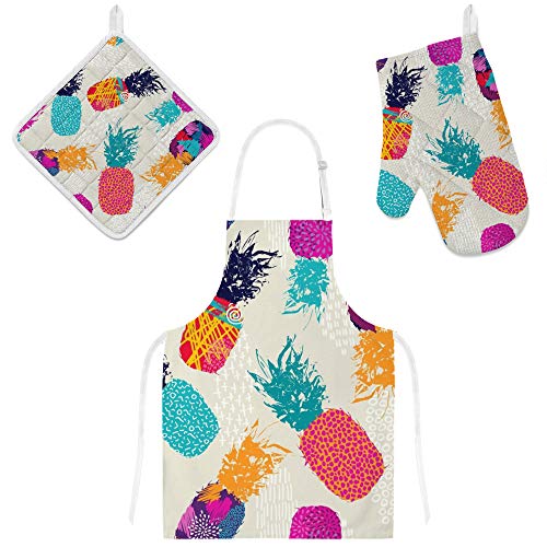 Top Carpenter Polyester Insulation Kitchen Oven Mitts Potholder Apron 3Pcs Set Retro Summer Pineapple Fruit Non Slip Heat Resistant Gloves For Baking Cooking Bbq #TOP17