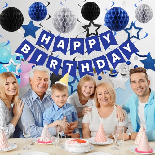 Image of meowtastic Birthday Decorations Happy Birthday Banner with Honeycomb Balls | 16pcs Birthday Set: 1 Banner+6 Honeycomb Balls+8 Star Spirals+1 Circle Dots, Happy Birthday Decor - Blue and Silver