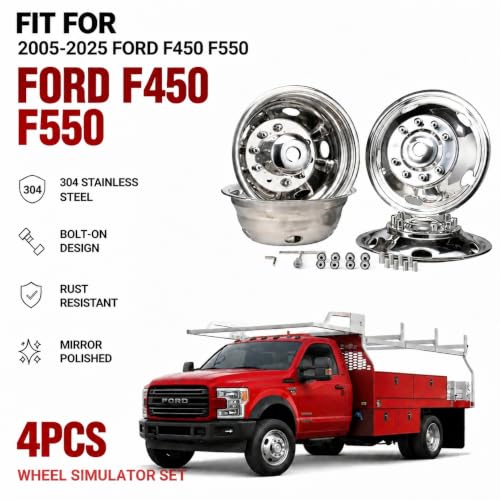 Image of 4X 19.5 Bolt On Wheel Simulators Compatible with Ford 2005-2025 F450 F550, 10 Lug 5 Hand Hole Design Front Rear Dually Hub Caps Skins Liners Rim Covers Stainless Steel Polished with Tool Kits