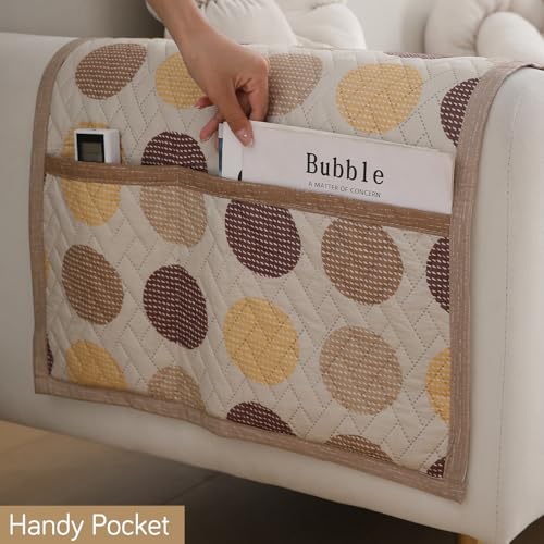 Image of HOKIPO 'HomeHues Series' Printed Quilted Sofa Seat Mat for 2 Seater Sofa with 2 Armrest Covers with Pockets, Brown Polka Dot (IN-807-D4 + IN-814-D4*2)