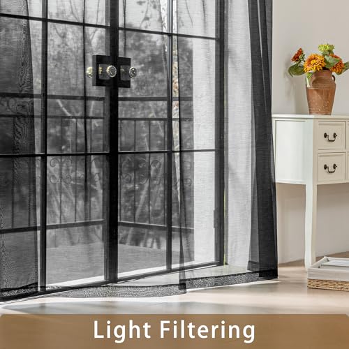 Image of Black Sheer Curtains 54 Inch Length, Privacy Semi Sheer Curtains for Dining Room Kitchen, Light Filtering Rod Pocket Voile Window Drapes 2 Panels Set, Each 42 inch W x 54 inch L