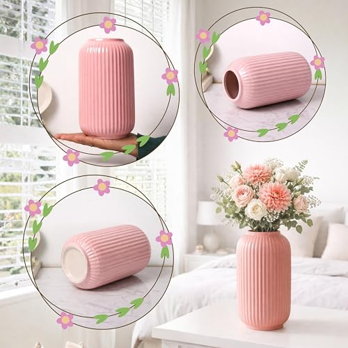 Image of Art Street Modern Ribbed Ceramic Flower Vase | Pink Decorative Boho Vase for Living Room, Bedroom & Office Dcor - (Flower not Included) 5x9 Inch