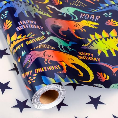Flyhill Dinosaur Wrapping Paper Roll Colorful Dinosaur with HAPPY BIRTHDAY/ROAR & Star Reversible Gift Wrap for Kids Birthday Baby Boy Shower Party Celebration - Mini Roll(17 IN x 32.8 FT)