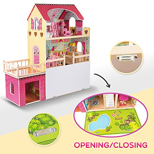 Green series Kinderplay Puppenhaus Holz Groß | Puppenvilla - Traumvilla | Kinder Dollhouse | Led - Licht und Zubehör | Set 90 cm Hoch mit Terrasse, Garage | Puppenhaus ab 2 Jahre | GS0020 – Bild 6