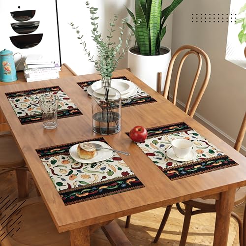 Image of Encasa XO Boho Jacquard Woven Dining Table Placemats, Vintage Chilies | Tapestry Style | Machine Washable | Stain & Heat Resistant | Non-Fading Non-Shrink Fabric | Set of 4
