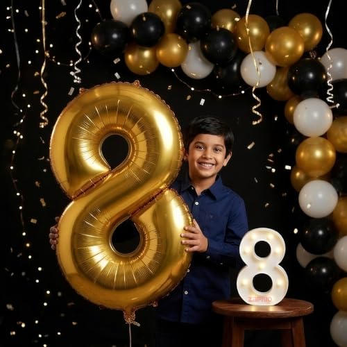 Image of Balloonistics Gold 40-Inch Foil Number 8 Balloon with Matching LED Marquee Number Light - Combo Set for 8th Birthday, Anniversary, Party Decoration, Photo Booth Backdrop, Cake Table Decor