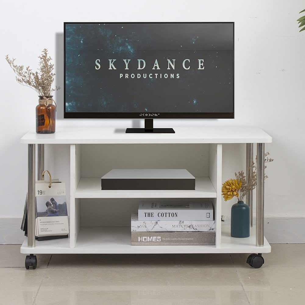 BAKAJI Carrello Porta Tv Bianco con 4 ruote Mobile orizzontale basso per Televisore Legno MDF Carrello Tavolino Moderno di Design Arredamento con Ripiani Mensole Portaoggetti Funzionale