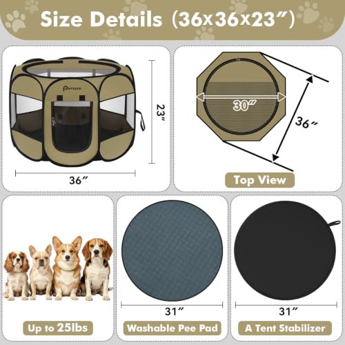 Image of Dog Cat Playpen Indoor Outdoor for Puppy Pet Dog Cat Recovery After Surgery | Dog Tent Crates Cage Indoor /Outdoor, Portable Pop Up Kennel with Carrying Case for Travel (Khaki with Pad, Medium)