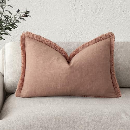Image of Foindtower Decorative Linen Fringe Lumbar Throw Pillow Covers Cozy Boho Farmhouse Cushion Cover with Tassel Soft Accent Pillowcase for Sofa Bed Living Room Home Decor, 12x20 Inch,1PC,Coral Pink