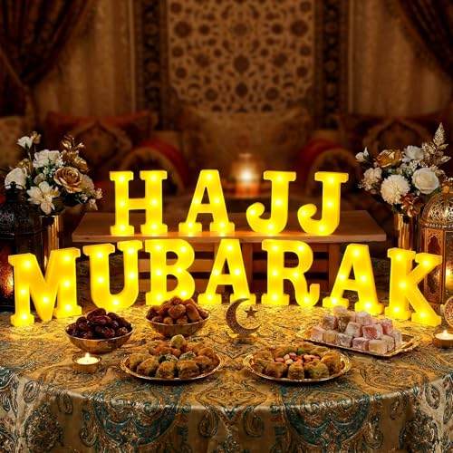 Aurelema Sukkot Large LED Letter Sign LED Lights Battery Powered Table Decoration for Party Gift Tabletop Decoration(Hajj Mubarak)