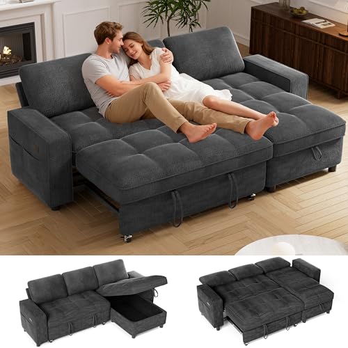 Image of Vipbear 81 inch Sectional Sleeper Sofa with Pull Out Bed, Chenille L Shaped Sleeper Sofa, Pull Out Couch with Reclining Backrest, Reversible Storage Chaise, USB Ports, Tool-Free Assembly, Dark Grey