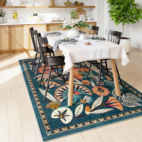 Image of Zealude Boho Egypt Green Area Rugs for Living Room Bedroom, 5x7 Washable Large Dining Room Rug Non Slip, Floral Vintage Farmhouse Throw Carpet for Office Hardwood Floor Playroom (Dark Green,5 x 7)