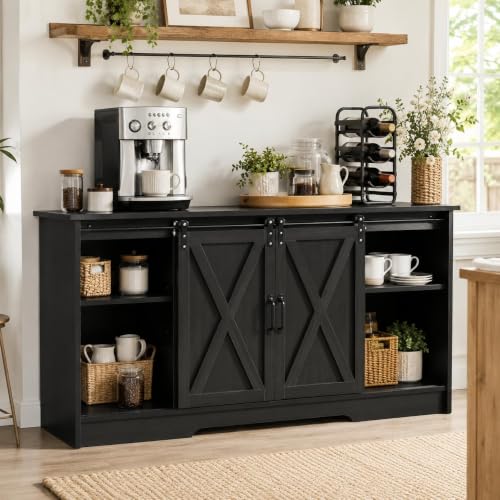 Farmhouse Coffee Bar Cabinet with Sliding Doors & Adjustable Shelves