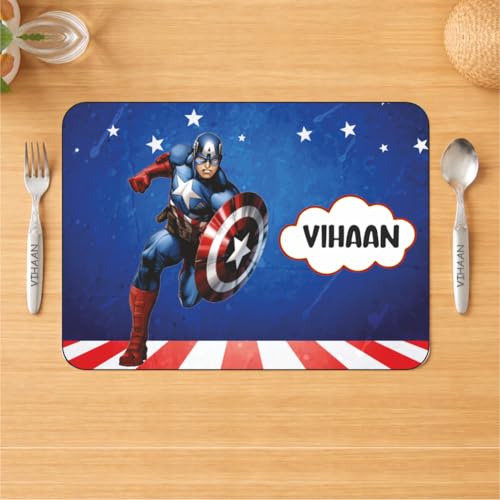 Image of Customized Table Mat with Name & Design Engraving | Personalized Dining Mat with Spoon & Fork | Customized Birthday Gift for Kids (Captain America)