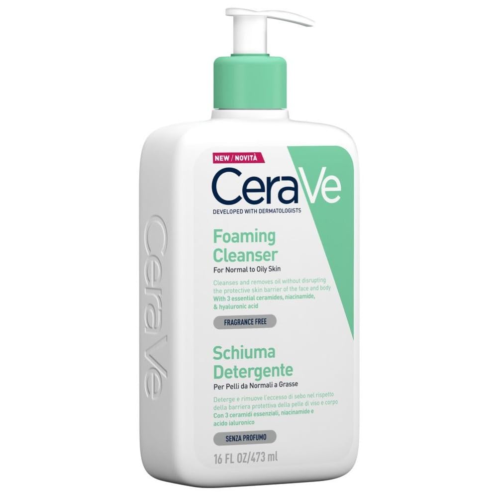 CeraVe Schiuma Detergente, Per Viso e Corpo, Per Pelli da Normali a Grasse, Pelle Libera da Impurità, Barriera Cutanea Rafforzata, Con Ceramidi Essenziali, Acido Ialuronico e Niacinamide, 562 ml