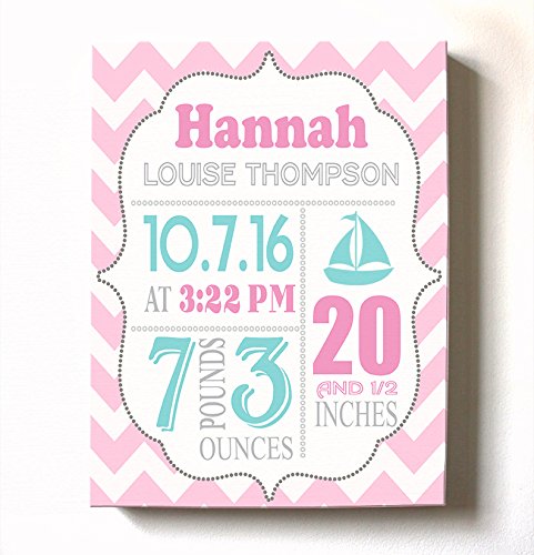 Personalized Stretched Canvas Birth Announcement Gift, Custom Baby Name, Date, Weight Stats, Newborn Sailboat Nursery Wall Art Decor, Wooden Frame Construction, Ready to Hang 8X10