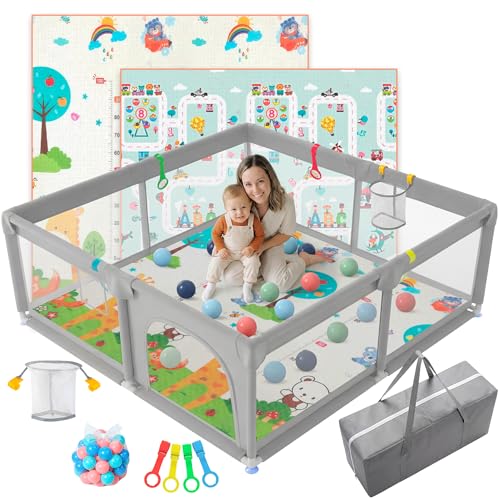 JUPPLIES Parque Infantil Bebe 120x120cm + Alfombra Bebe + Agarraderas + Canasta + 50 Bolas + Bolsa de Transporte | Corralito Bebe con Malla Transpirable (Gris)