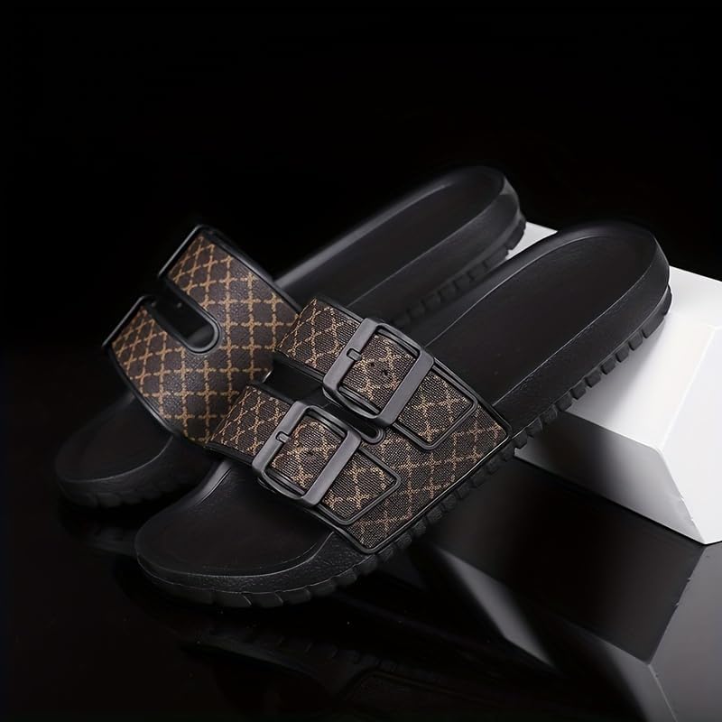 Men's Summer 2024 Open-Toe Slides - Non-Slip, Odor-Resistant with Soft EVA Sole, Casual Outdoor Flip-Flops in Black and Brown Geometric Pattern3