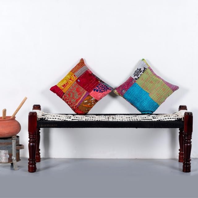 Image of Wooden Bench for Seating | Handcrafted Sheesham Wood Bench for Living Room, Balcony & Garden | Traditional Patio for Outdoor with Cotton Handwoven Rope | Black and White