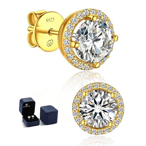 MomentWish 14K Gold Plated Stud Earrings, Birthday Gifts for Women, 1-2Carat Moissanite Earrings, Lab Created Diamond Earrings, Yellow/Rose Gold Plated 925 Sterling Silver Earrings Women Men