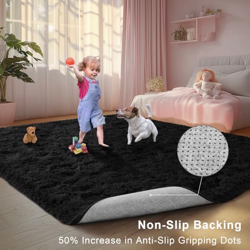 Black Fluffy 8x10 Area Rug for Living Room, Plush Shag Rugs for Bedroom, Large Soft Furry Carpets for Kids Room, Modern Indoor Nursery Carpet for Classroom Dorm Cozy Comfy Home Decor