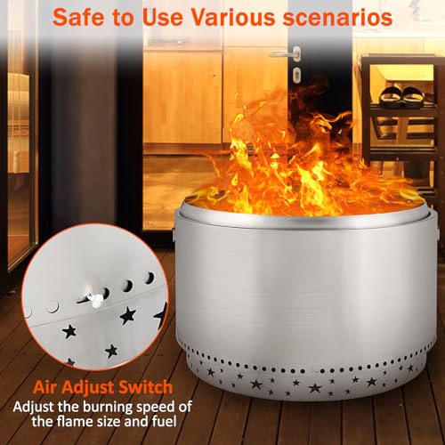 32" Smokeless Fire Pit with Air Switch, Wood Burning Portable Stainless Steel Outdoor Firepit with Fixed Stand & Stove Hook, Ash Pan, for Camping Backyard Patio Picnic, H: 20 in, 52 lbs