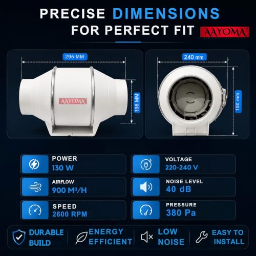 Image of Inline Duct Fan 8 Inch | 130W Quiet Ventilation Extractor | 2600 RPM | 900m /h Airflow | 40 dB Silent Exhaust Fan for Grow Tent, Kitchen, Bathroom & Hydroponics - With Copper Motor
