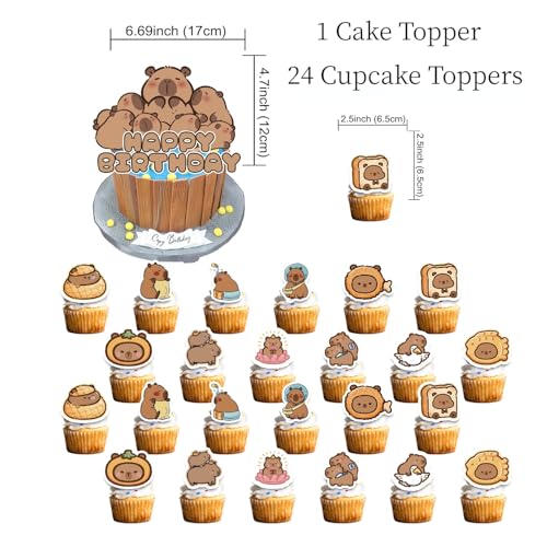Image of Capybara Birthday Decoration Set, Cute Animal Happy Birthday Banner, Capybara Party Supplies with Banner, Hanging Swirl, Cupcake Topper, Cake Topper, Balloon