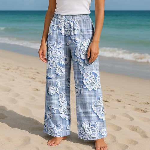 Women's Solid Color Trousers Wide Leg Summer Elastic Waist Patchwork Edge Large Pockets Long 2025 Casual Pants3