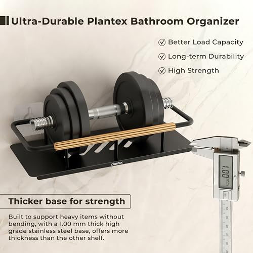 Image of Plantex Self Adhesive Bathroom Shelf /Stainless Steel Bathroom Shelf Rack /Wall Shelf for Bathroom /Bathroom Organiser Without Drill /Bathroom Accessories Set- Pack of 1 (12x5 inches, Gold & Black)
