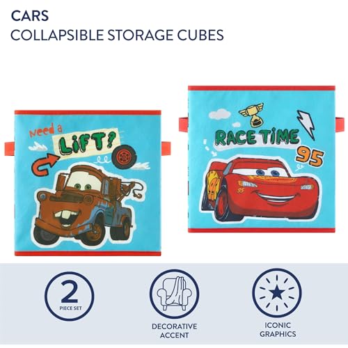 Image of Disney Cars Storage Cubes, Set of 2 Durable 10 inchx10 inchx10 inch Fabric Bins with Handles, Lightning McQueen Organizer Boxes for Kids' Toys, Clothes & Room Decor