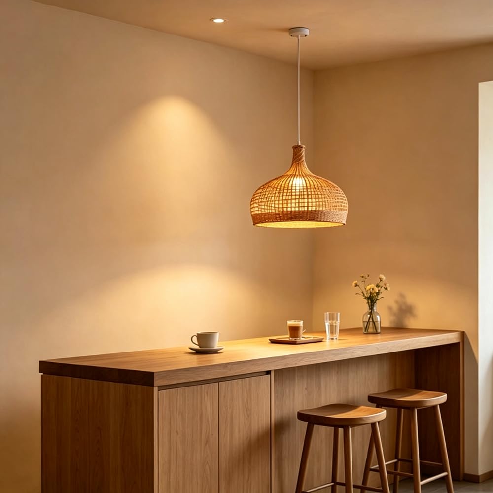 Żyrandol rattanowy Retro Simplicity, 17,7 cala, lampa stołowa do jadalni