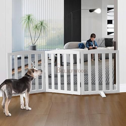 Image of Freestanding Pet Gate, Folding Safety Fence Wooden Kids & Dog Gate with 2PCS Support Feet Ideal for Stairs, Doorways, Halls, Kitchens, Indoors Gates, 24 inch(60 Cm), White (3 Panel)