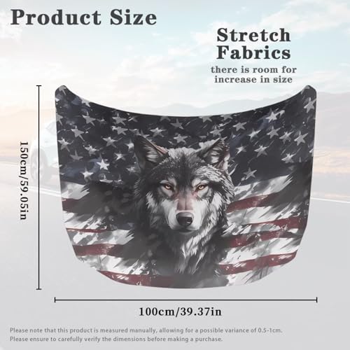 Image of Wolf American Flag Print Car Hood Cover Protector Stretchable Car Hood Wraps Auto Banner Auto Decorative Accessories for Compact Sedans SUV Trucks (59x39 Inch)