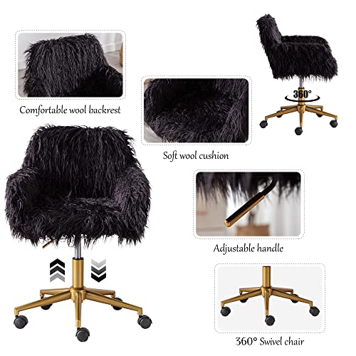Kcc Fluffy Office Desk Chair, Faux Fur Modern Swivel Armchair With Wheels, Soft Comfy Fuzzy Elegant Accent Makeup Vanity Chairs For Women Girls, Home Living Dressing Room Bedroom, Black #TOP3