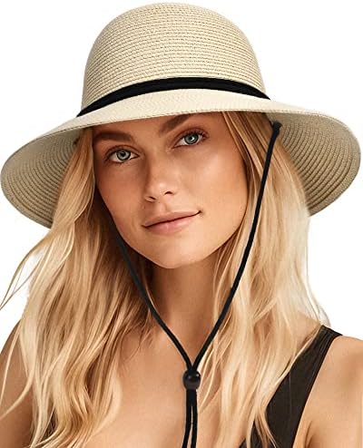 Womens Wide Brim Sun Hat with Wind Lanyard UPF Summer Straw Sun Hats for Women Beige