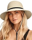 Womens Wide Brim Sun Hat with Wind Lanyard UPF Summer Straw Sun Hats for Women Beige