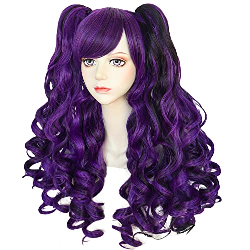 ANOGOL Hair Cap+Dark Purple Wig Costumes for Women Long Curly Wig With 2 Curly Ponytails Purple Lolita Wigs for Cosplay Halloween Costume Party for Women