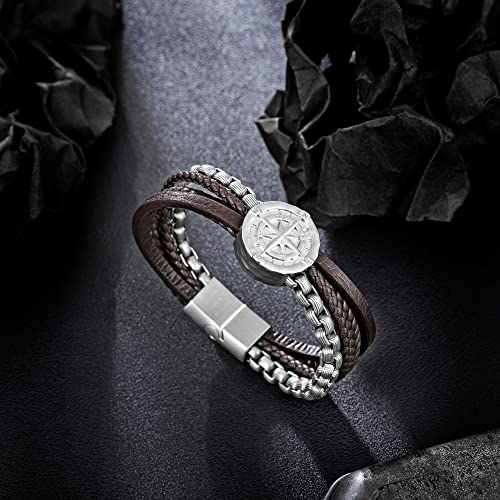 Image of Men's Bracelet Leather with Compass, Braided Leather Bracelets for Men Magnetic Clasp 7.5 /8.5 /9.5 inch Gift for Husband Boyfriend Father