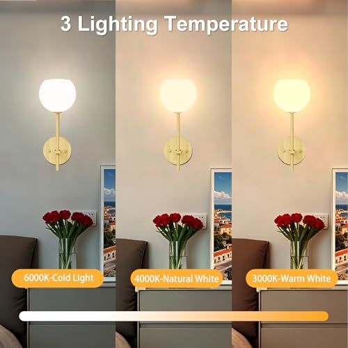 Image of Wood Grain Battery Operated Wall Sconces Set of 2, Rechargeable Wireless Wall Lights with Milky White Frosted Glass, 12 RGB and 3CCT Dimmable Wall Lamps with Remote for Bedroom Living Room Hallway