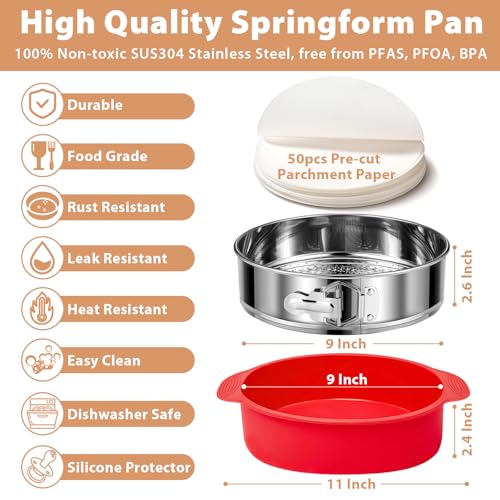 Stainless Steel Springform Pan 9 Inch Nonstick, Leakproof Spring Form Pan for Cheesecake, Cheesecake Pan with Protector, Cheese Cake Pans for Baking, 9 Inch Springform Pan with 50Pcs Parchment Paper - image 6