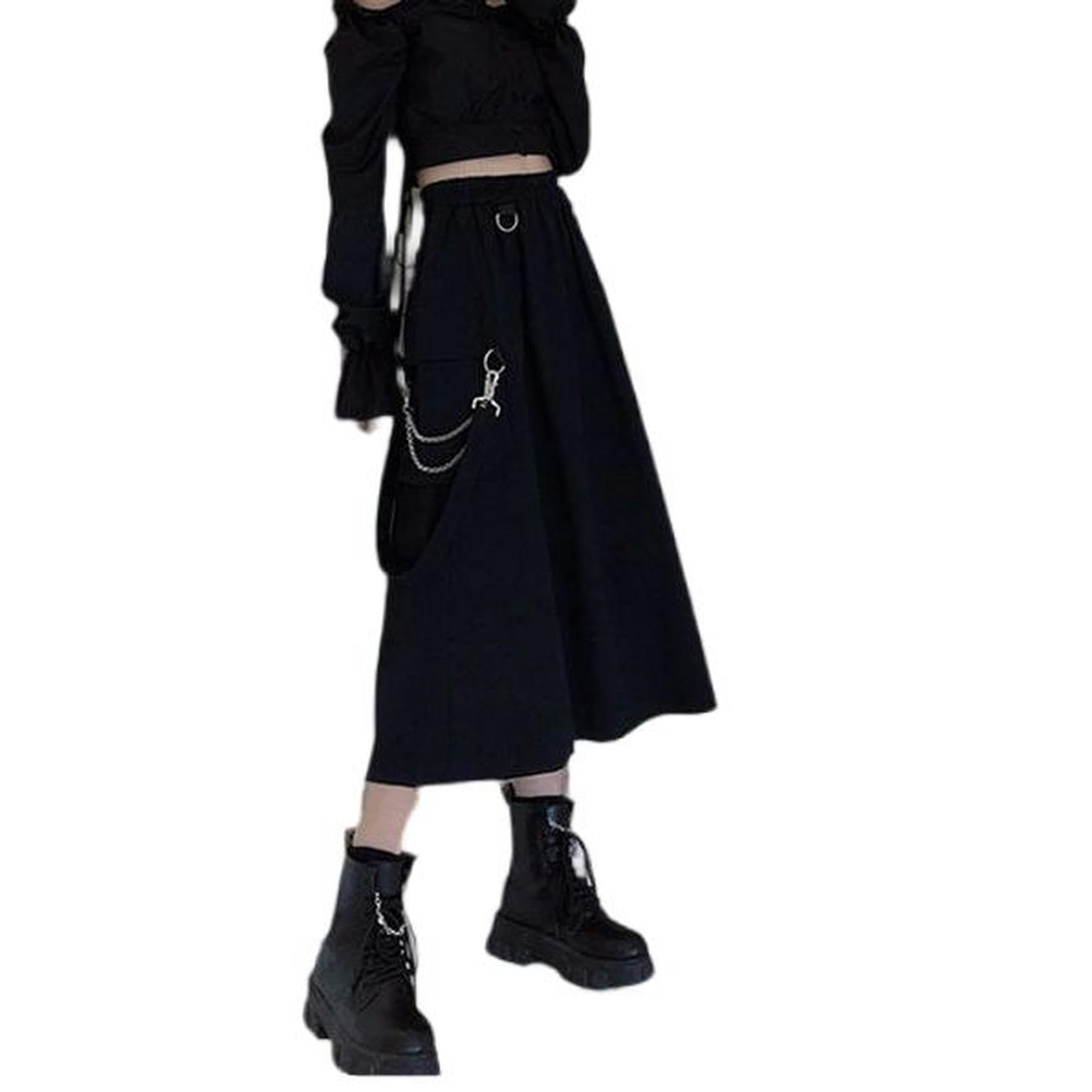 Falda de Verano para niñas, Estilo Harajuku, Falda Blanca, Negra (con Cadena) - XL