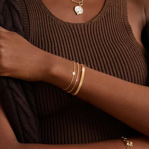 Image of Moodear Thin 14K Gold Plated Link Chain Bracelet - Dainty Stack Satellite CZ Cuff Bangle Bracelets for Women Trendy Non Tarnish