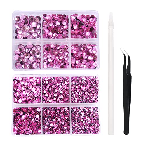Nibiru 6616pcs Mixed Sizes FlatBack Crystal Rhinestones for Crafts - Round Glass Gems with Tweezers and Picking Pen (Pink)